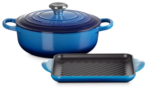 Le Creuset Lage Braadpan 24cm & Grillplaat 24cm Signature Azure